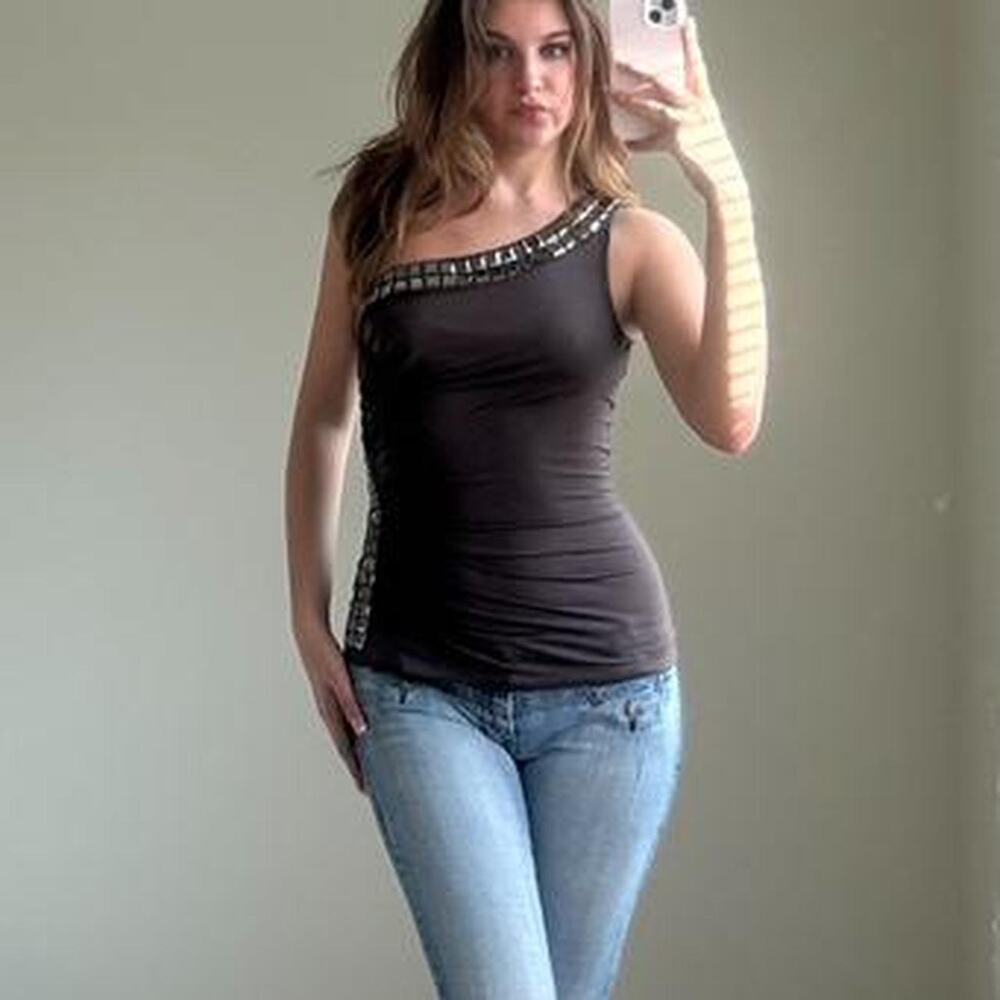 vintage Y2K one shoulder fitted going out top with sequin stud detailing